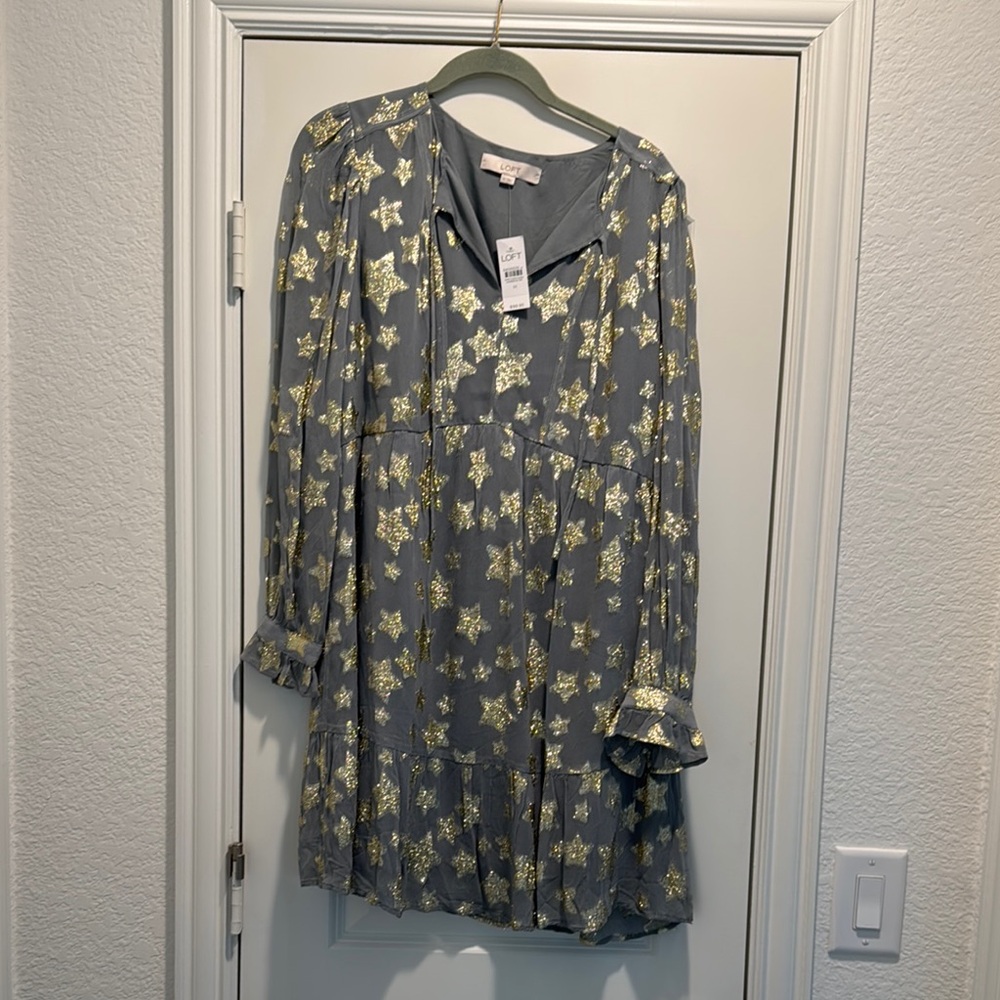 Beautiful Loft, blue and gold starred dress with ruffle him